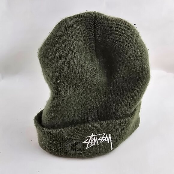 Stussy Olive Green Knit Beanie Made in USA 100% Acrylic Cuffed Winter Hat Street - Picture 4 of 7